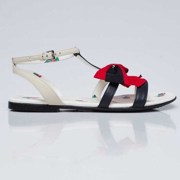 Gucci White/Blue Leather Vintage Web Bow T-Strap Open Toe Sandals Size 4.5/35 - Picture 3 of 5
